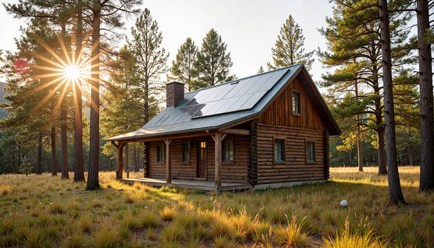 Off-Grid Solar Cabin in Nature with Sunshine and Rustic Vibes