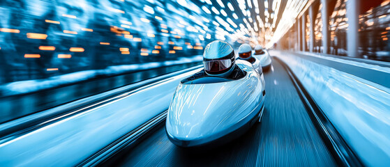 Futuristic bobsled race at night with neon lights and high-speed motion blur. Sleek design, glowing reflections, dynamic energy, cyberpunk winter sports atmosphere.Generative ai