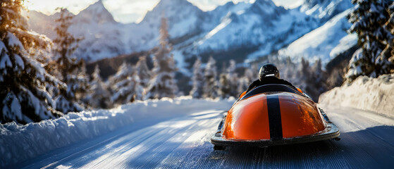High-speed winter bobsled race through a snowy scenic landscape. Sleek sleds, motion blur,adrenaline-packed action create intense sports scene.Sport, extrimal,energy, competition mockup.Generative ai