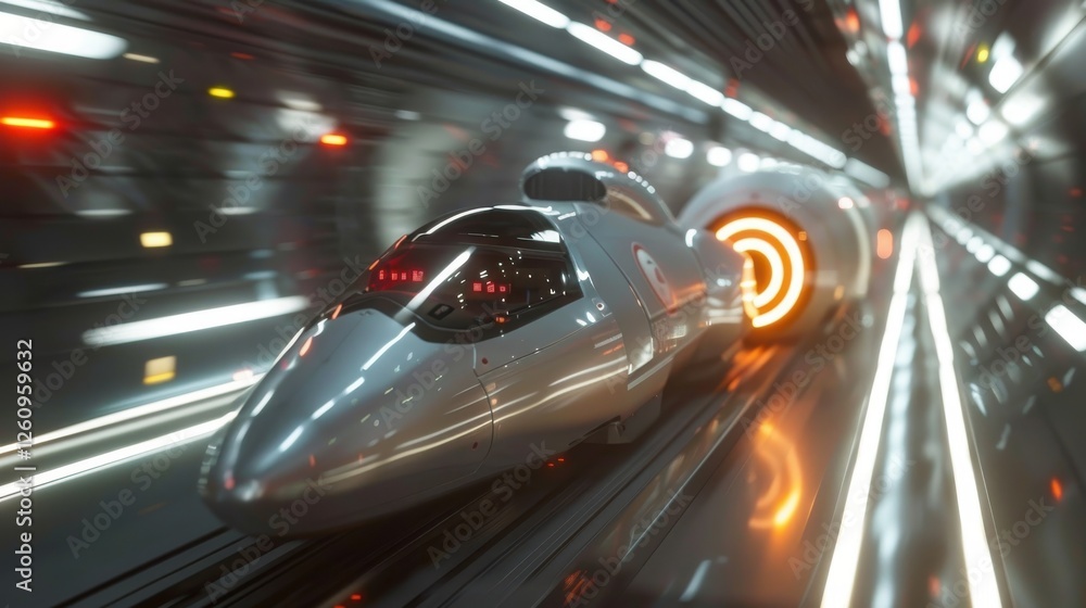 Poster futuristic high-speed train traveling through a high-tech tunnel in motion with bright lights in a d