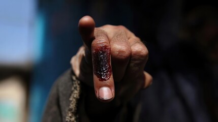 Injured finger, close-up, village, blurred background, medical