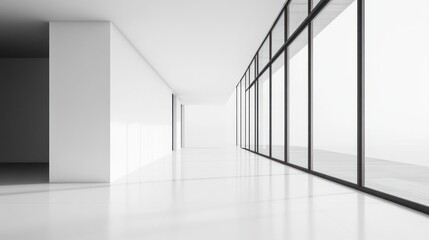 Fototapeta premium Modern office corridor, glass wall, sunlight