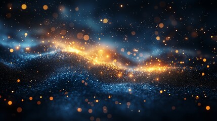 Obraz premium Mystical cosmic landscape with glowing particles and swirling patterns in deep blue hues