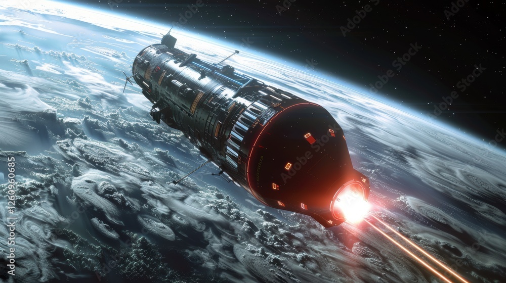 Poster futuristic spacecraft flying through clouds over a planet in a high-tech environment with engaging v