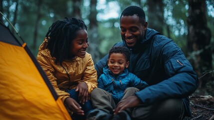 outdoor camping adventure with african american family and asian adopted child, relaxing near a tent in the forest, smiling and enjoying a joyful vacation