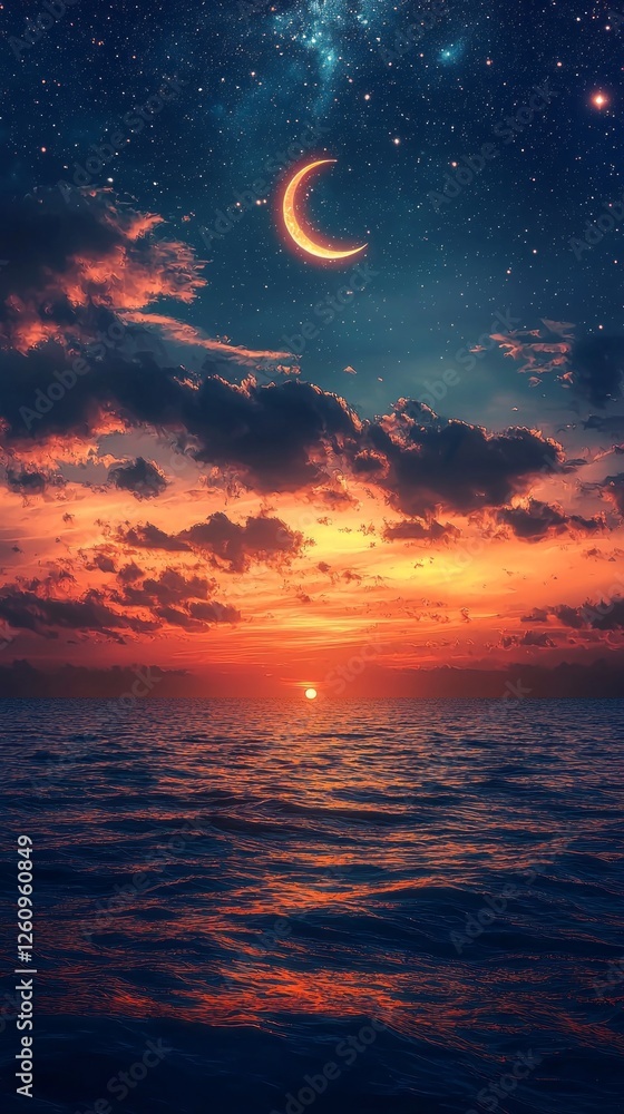 Poster the sky transforms into a canvas of vibrant colors as the sun sets and a delicate crescent moon emer