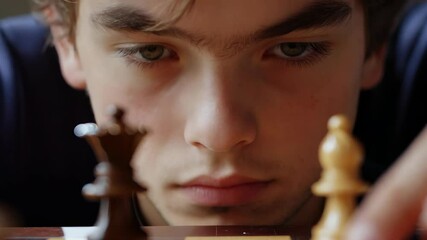 Teenage Boy Contemplating His Next Move in a Chess Game, Intense Gaze Fixed on the Board