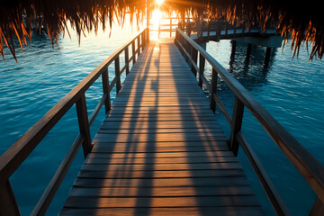 Sunset Overwater Bungalow Walkway: A wooden walkway extends from a thatched-roof bungalow over crystal-clear turquoise water towards a vibrant sunset. Long shadows stretch across the planks.