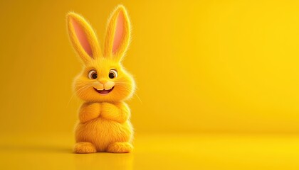 Obraz premium 3d Bunny Animation Cartoon Cute Smiling Fluffy Ears Yellow Background Copy Space Happy Easter Greeting Card