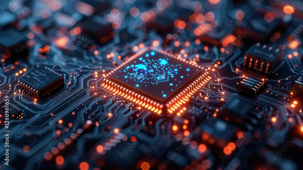 Poster detailed close-up of a modern microchip and circuit board with complex electrical connections and vi