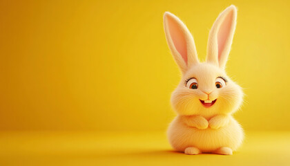 Obraz premium 3d Bunny Animation Cartoon Cute Smiling Fluffy Ears Yellow Background Copy Space Happy Easter Greeting Card