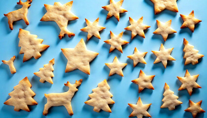 Fototapeta premium A watercolor painting of Christmas cookies shaped like stars and reindeer, decorated with frosting.