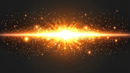 Abstract Cosmic Explosion of Shimmering Golden Light and Sparkling Stars in Dark Background