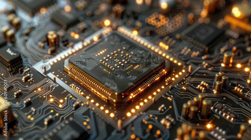 Poster high-resolution close-up of a modern microchip on a circuit board with glowing details, emphasizing 