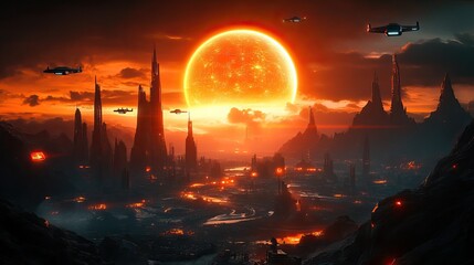 A futuristic landscape features a glowing orange sun setting behind sharp peaks and hovering spacecraft, creating a dramatic and otherworldly atmosphere.