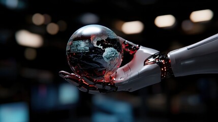 A robotic hand holds a transparent globe depicting Earth, blending technology with a vision of a connected future.
