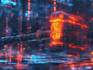A futuristic glowing hammer lies on a neon-lit surface, surrounded by a digital, rain-like atmosphere, emphasizing a tech-inspired aesthetic.