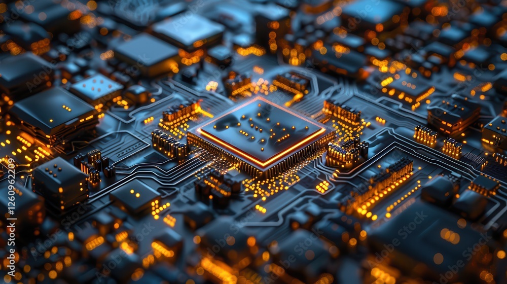 Poster abstract view of a high-tech circuit board with intricate connections and glowing elements, showcasi