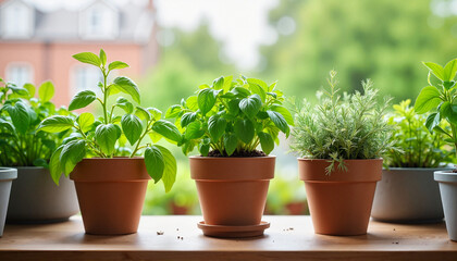 Obraz premium Aromatic potted herbs on wooden shelf in urban garden, organic lifestyle