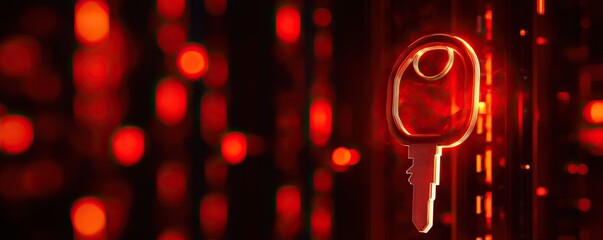 A digital key illuminated against a backdrop of red binary code, symbolizing security and data protection in a technological environment.