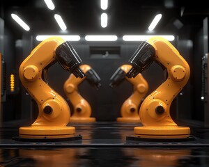 Four robotic arms in a dark industrial setting, featuring bright yellow colors and modern design, ready for automated tasks.