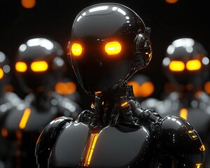 A futuristic group of black robots with glowing orange eyes, standing in a dark environment, conveying a sense of technology and innovation.