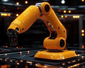 A sleek, yellow robotic arm prominently displayed, designed for precision tasks in a modern industrial setting.