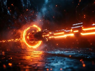 A futuristic scene featuring a glowing orange ring and beam against a dark, smoky background, evoking themes of technology and energy.