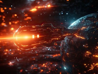 A futuristic spaceship fires a powerful beam towards a distant planet, surrounded by a vibrant cosmic backdrop of fiery colors and stars.