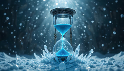 mystical hourglass trapped in an eternal blizzard, glowing blue sand freezing solid mid
