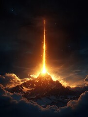 A majestic mountain emits a brilliant fiery eruption, creating a striking contrast against a dark sky, surrounded by soft clouds.