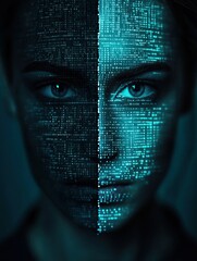 A visually striking portrait of a woman, half her face appears as digital data, blending human features with technology.