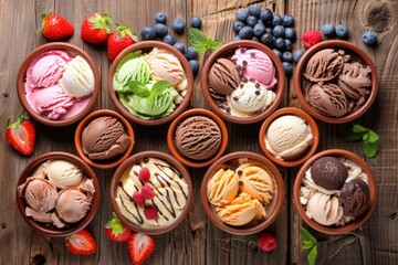 Fototapeta premium Ice cream bowls variety with fruits on wooden table