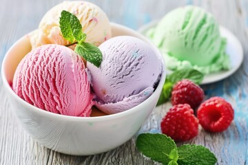 Ice cream scoops with mint leaves raspberries in bowl
