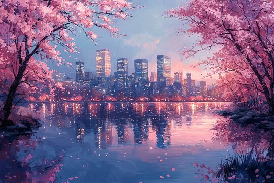 Urban park with a calm lake reflecting city lights during twilight, surrounded by blooming cherry trees.