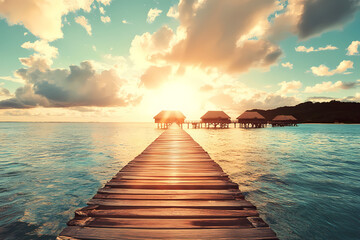 Obraz premium Path to Paradise: A wooden pier stretches out into the turquoise waters of the tropics, leading to a cluster of thatched-roof bungalows bathed in the golden light of a spectacular sunrise.