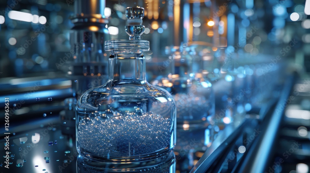 Poster high-tech glass bottles on an automated production line with dazzling reflections and blurred backgr