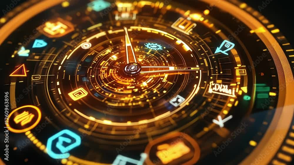 Poster futuristic clock face displaying time and application icons glowing in orange and teal, creating a v