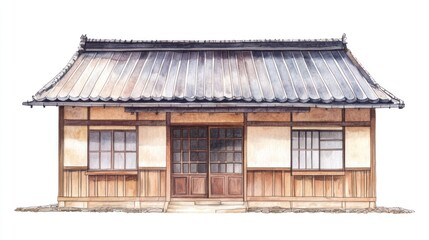 Fototapeta premium Watercolor Japanese house, rural setting, design