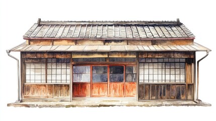Fototapeta premium Watercolor Japanese House, Rural Setting, Design Element