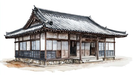Obraz premium Watercolor Asian house, temple, illustration, peaceful background, design
