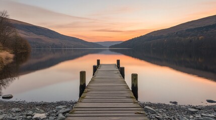 Fototapeta premium Sunrise lake pier, mountain reflection