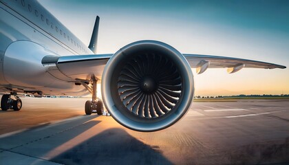 A jet engine is on the runway with the sun setting in the background