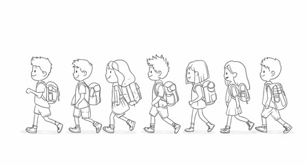 Kids Walking to School: A line of cheerful children with backpacks, merrily walking to school,  captured in a simple yet expressive line drawing style.