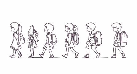 Kids Going to School: Line of elementary school children with backpacks walking to school, simple line art illustration.