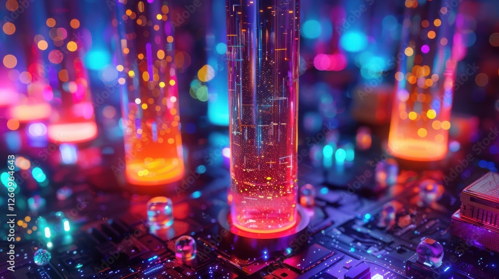 Poster futuristic abstract visualization of technology with neon colors and glowing elements on a digital c