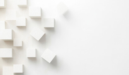 Fototapeta premium Random shifted white cube boxes block the background wallpaper banner. abstract 3d square white technology communication concept background. Random shifted white cube square boxes block the background