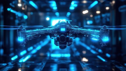 Drone flying futuristic hangar, blue lights