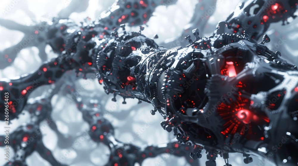 Poster intricate abstract technology model with red accents and futuristic elements in a high-definition up