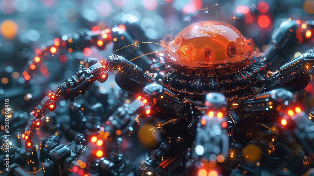 Poster futuristic robotic spider with glowing elements and intricate details, showcasing advanced technolog